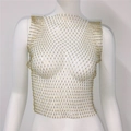 Détails du gilet en maille dorée avec strass scintillants et design ajouré transparent - S / Col rond / Or
