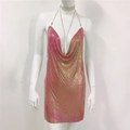 Pink holographic metal sequin halter mini dress with plunging cowl neck on white mannequin - Rainbow Red