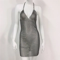 Detailed view of silver mesh rhinestone halter dress with sparkling metallic texture - Black Dress