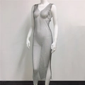 Detail of silver rhinestone fishnet dress featuring a deep V-neck and high side slit - One Size / Black V-Neck Side Slit