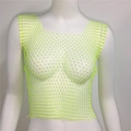 Détail de débardeur en maille vert néon avec des strass scintillants et texture résille - M / Col carré / Vert Fluorescent