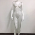 Detailed view of silver mesh dress featuring sparkly rhinestones and sleeveless V-neck style - V-Neck Silver