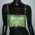Detail of green rhinestone crop top featuring metallic chains and shimmering sequins - S / Green