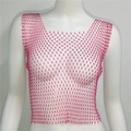 Détail du haut en résille rose vif avec strass brillants pour tenue de soirée - M / Col carré / Rose rouge