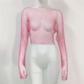 Dettaglio del crop top in rete rosa con strass scintillanti e maniche lunghe sexy - Blazer Fuchsia