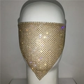 Detailed close-up of golden mesh veil mask encrusted with sparkling white rhinestones - Full Rhinestone Mesh Style (GC049) / Gold