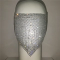 Close-up of sparkling rhinestone mesh face mask with triangular metallic grid design - Full Rhinestone Mesh Style (GC049) / Silver