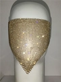 Detail of trendy gold mesh face mask featuring sparkling rhinestones in a triangle design - Dense Rhinestone Style (GC050) / Gold