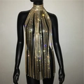 Sexy gold rhinestone tassel halter top with sparkling crystal chains for party wear - Gold