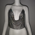 Black silver rhinestone mesh halter top with a deep V-neckline for party wear - Black with Diamonds