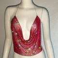 Sparkling red rhinestone halter top with deep U-neckline and metal chain back straps - Red with Rhinestones