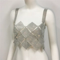 Detailed macro view of shimmering silver rhinestone mesh panel with intricate diamond cutouts - One Size / Silver Top