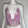 Pink rhinestone metal mesh halter top with deep V-neck and delicate chain straps - Pink with Rhinestones