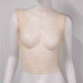 Detalle de top corto de rejilla con pedrería brillante y tejido transparente sexy - S / Cuello redondo / Color Piel