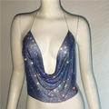 Deep blue rhinestone mesh halter top with shimmering metal chain and sequin finish - Royal Blue with Rhinestones