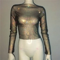 Detalle de un top corto de manga larga con malla de red y diamantes de imitación - Talla única / Diamante de Imitación Negro AB