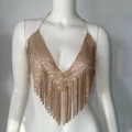 Close-up of golden rhinestone tassel body chain with a deep V-neck and sparkling finish - One Size / Gold