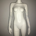 Macro detail of long silver fishnet sleeves with sparkling rhinestones for party wear - White