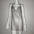 Detailed view of silver sequin mini dress featuring a cowl neck and shimmering rhinestones - S / Silver
