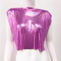 Detailed view of rose purple metallic sequin mesh fabric on a stylish crop top tank - Rose Red (Long)