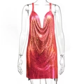 Detailed close-up of pink gradient metal mesh texture on a deep V-neck party dress - Style 1 Iridescent Red