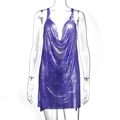 Close-up of bright purple metallic sequin mesh fabric on a sexy deep V-neck mini dress - S / Fine Mesh (Purple 4) / Purple
