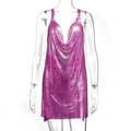 Detail of pink metal sequin mesh fabric on a sexy deep V-neck party mini dress - S / Sequin Cowl (Rose Red 4) / Rose Red