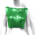 Detail eines smaragdgrünen Pailletten-Crop-Tops mit Metallic-Mesh-Struktur und geradem Ausschnitt - S / Grün