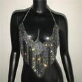 Silver halter chain top with colorful rhinestones and asymmetrical fringe hem - One Size / Black