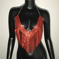 Sexy red rhinestone fringe halter top with metal chains shown on a mannequin - One Size / Red