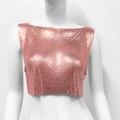 Detailed view of rose gold metallic sequin crop top with shimmering chainmail texture - Rose Gold (Short)
