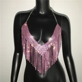 Haut licou rose sexy à strass et franges scintillantes pour soirée et club - Taille unique / Rose