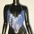 Haut licou sexy en strass bleus avec franges pour soirée et look de boîte - Taille unique / Bleu saphir