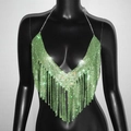 Haut licou à strass vert vif étincelant avec détails de franges pour la fête - Taille unique / Vert