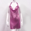 Detail of hot pink metallic mesh mini dress with deep V-neck and halter design - S / High Saturation (Rose Red 1) / Rose Red
