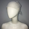 Detailed view of silver mesh headscarf with sparkling rhinestones on mannequin - Rhinestone Headband Cap / White