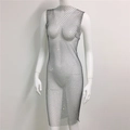 Detail of black mesh fishnet dress featuring sparkling rhinestones on sleeveless body - Black Round Neck No Split