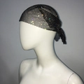 Detail of black mesh headscarf with sparkling rhinestones and tie-back closure - Rhinestone Headband Cap / Black