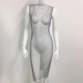Detail of black mesh dress featuring sparkling rhinestones and delicate fishnet texture - Round Neck Length 110 Slit / Black