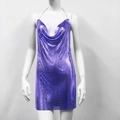 Detailed view of the purple metallic sequin mesh fabric on a sexy halter party dress - Purple
