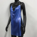 Detail view of the high-slit royal blue metallic sequin party dress with chain links - Sapphire Blue