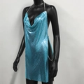 Detail of teal sequin party dress featuring side slit and metallic chain shoulder straps - Lake Blue