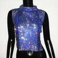 Detailed close-up of sparkling royal blue rhinestone sleeveless crop top on a mannequin - One Size / Sapphire Blue