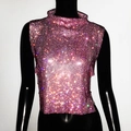 Detail of magenta rhinestone mesh cropped top featuring high neck and sparkling crystals - One Size / Pink