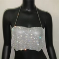 Makro-Detail des silbernen Strass-Halterneck-Tops mit Metallkette für Party-Anlässe - Einheitsgröße / Silber