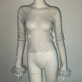 Close-up of rhinestone mesh top featuring faux fur cuffs and shimmering crystal details - White Ostrich Feather Top