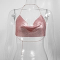 Detail of rose gold sequin halter top featuring metallic chain back and adjustable straps - Rose Gold
