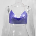 Detail view of purple metallic sequin halter top with chain straps and reflective discs - Purple