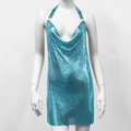 Detail of lake blue metallic sequin dress featuring a deep V-neck and halter design - Sky Blue