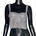 Top corto da donna con strass argento scintillanti, rete metallica e spalline - Top a fascia argento